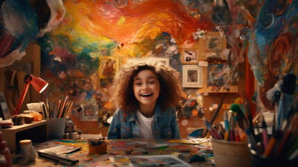 Young Girl Expresses Creativity in Room Filled with Paintings & Art Supplies. Scene Depicts Creative Concepts, Innovation, Originality, Expressiveness, Inspiration & Creative Thinking. Generative AI