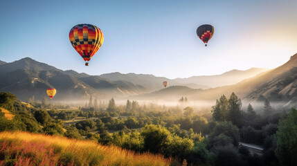Obraz premium A group of hot air balloons flying over a forest , Generative AI