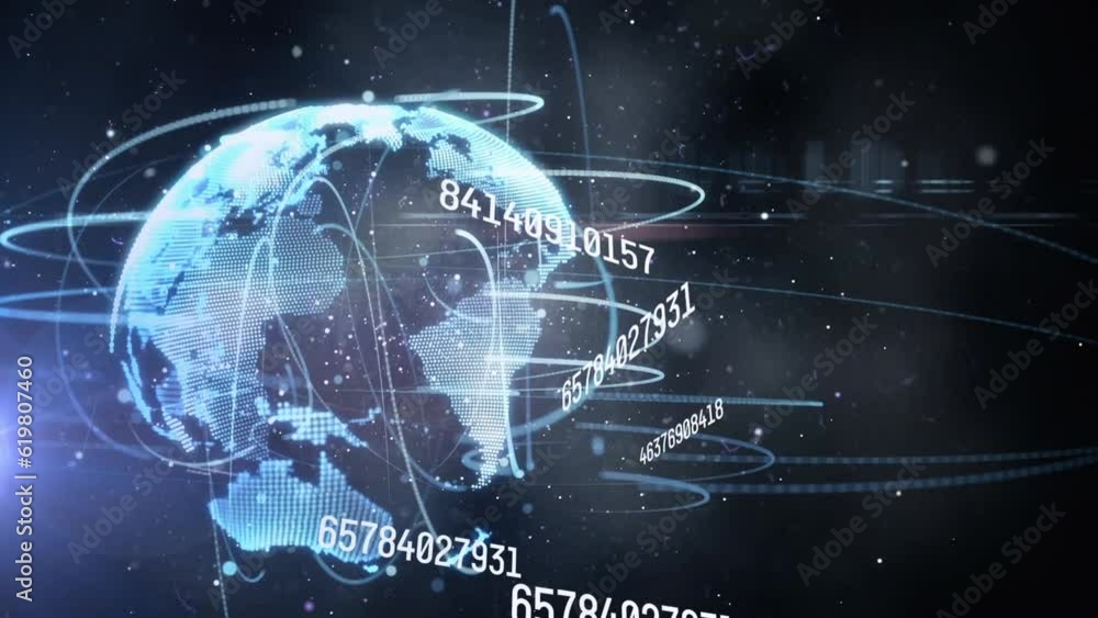 Poster animation of changing numbers and light trails over spinning globe and light spots