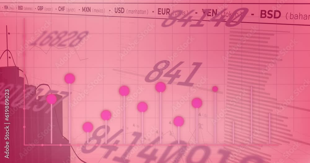 Poster animation of changing numbers, statistical and stock market data processing against pink background