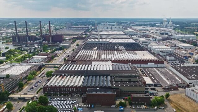 Drone shot of The Wolfsburg Volkswagen Factory , Wolfsburg , Germany  . The Wolfsburg Volkswagen Factory is the worldwide headquarters of the Volkswagen Group, and one of the largest manufacturing pla