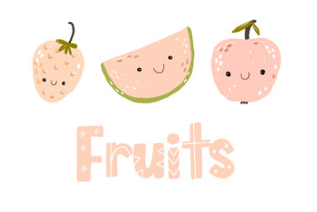 Collection of fruits in flat hand drawn illustrations. Tropical fruits. Ingredients color clipart. Isolated fruit icons on a white background. 