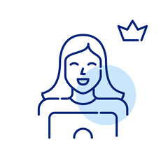 Premium user at laptop. Girl with crown symbol. Pixel perfect, editable stroke