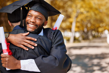 University graduation, black man and friends hug for success of college achievement, winning or...