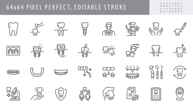 Dental care line icons. Vector illustration include icon - implant, braces, dentist, toothache, aligners, veneers, tooth outline pictogram for stomatology clinic. 64x64 Pixel Perfect, Editable Stroke