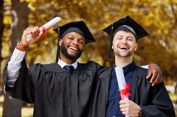 Graduation, men and portrait of friends celebrate achievement, education goals and smile for...
