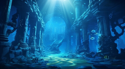 atlantis underwater scene, magic blue ocean with ancient temple ruins, deep blue sea with mysterious lights, generative ai 
