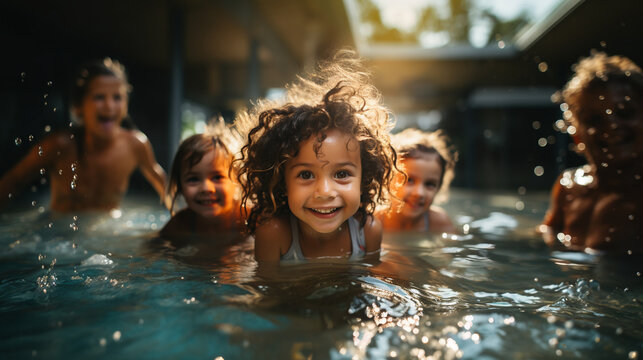  Children take fun in pool. Generative Ai