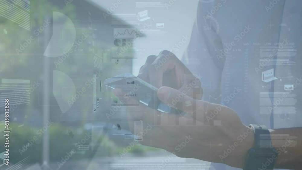 Poster animation of multiple graphs, trading board over midsection of biracial man using cellphone