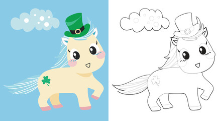 Cute cartoon unicorn coloring page. Coloring the unicorn celebrating the St. Patrick’s Day worksheet. Coloring activity for children. Printable educational coloring worksheet. Vector file.