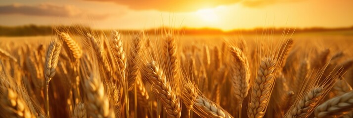 Wheat field. Ripening ears of wheat field. Rich harvest Concept. Ears of golden wheat. Rural Scenery under Shining Sunlight.