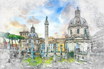 Ruins of the Roman Forum watercolor view in  Rome - obrazy, fototapety, plakaty