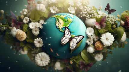 A blue globe with a butterfly on it surrounded by flowers , Generative AI