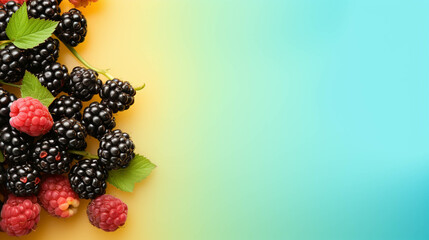 Blackberries on colorful background. empty copy space on the side for text. Bright Vibrant colors. Generative AI.