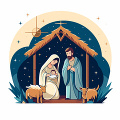 Holy Family Nativity Scene, Lettering Vector Illustration