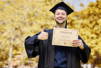 Graduation portrait, certificate and student thumbs up for university, education or college success...