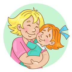 Happy family. Cute mother hugging her little daughter. Avatar icon in cartoon style. Isolated on white background. Vector flat illustration