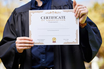University, hands and closeup of graduate with degree with mockup space for achievement. Scholarship, college and zoom of student or person holding certificate or diploma with template for education. - obrazy, fototapety, plakaty
