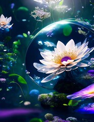Fototapeta na wymiar Majestic Colorful Fantasy Lotus Flower Illustration Flowers from Another World. Enchanted Bloom
