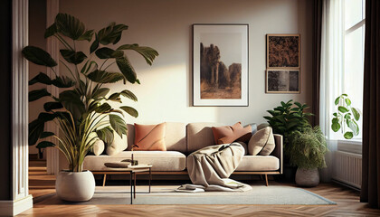 beautiful interior design with sofas, scenery, and plant Generative Ai technology