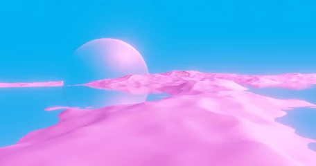 Gordijnen Fantasy landscape of other world, pink mountain valley and blue water. Digital painting 3d rendering © Annuitti