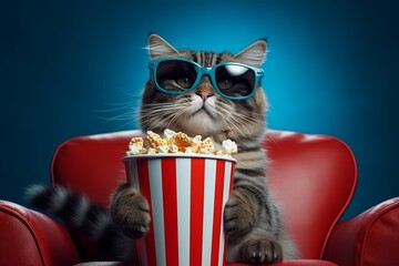 Cat watching 3D movie with popcorn sitting in red armchair. Generative AI - obrazy, fototapety, plakaty