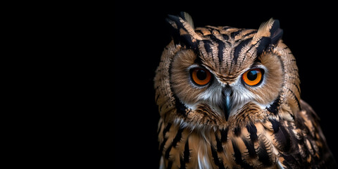 Fototapeta premium Owl portrait on isolated black background and closeup. Generative AI