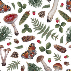 Hand painted botanical pattern design with acrylic illustrations of forest nature. Cottegecore style. Perfect for  fabrics, wallpapers, apparel, home textile, packaging design, posters, stationery - 619813094