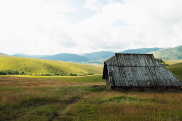 Obraz premium Amazing green pastures and small farmer hut in the hills of resort Zlatibor Serbia