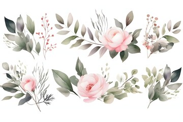 Fototapeta na wymiar Watercolor floral. Watercolor bouquet of white roses isolated, for wedding stationary, greetings, textile, wallpapers, fashion, wrappers, card. Illustration. Generative AI.