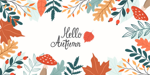 Autumn botanical banner flat vector template. 
Hand-drawn inscription. Season botany vector greeting card.