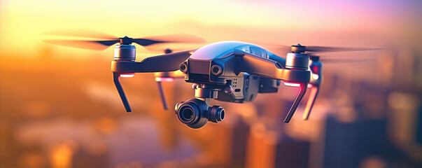 Drone flying above beautiful city sunset, generative ai