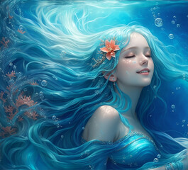 the blue aquarius mermaid in the deep ocean, incredibly beautiful, AI generated