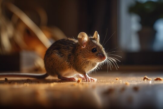 Tiny mouse on a wooden floor close up with soft focus and bokeh background. Generated Ai.