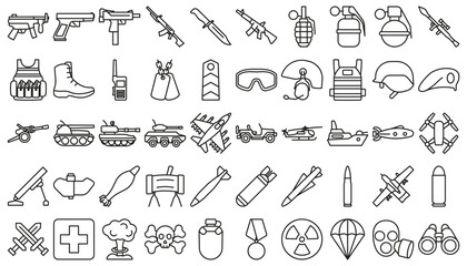 Outline set of 50 war line icons.