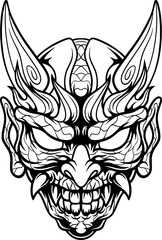 hand drawn line art illustration of Japanese demon evil mask , mascot logo illustration