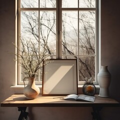 Blank photo frame mock up on table Generative AI 