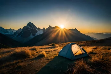 Fotobehang Serenade of Solitude: Experience the Enchanting Romance of a Mountain Sunset Camping Retreat! © 47Media
