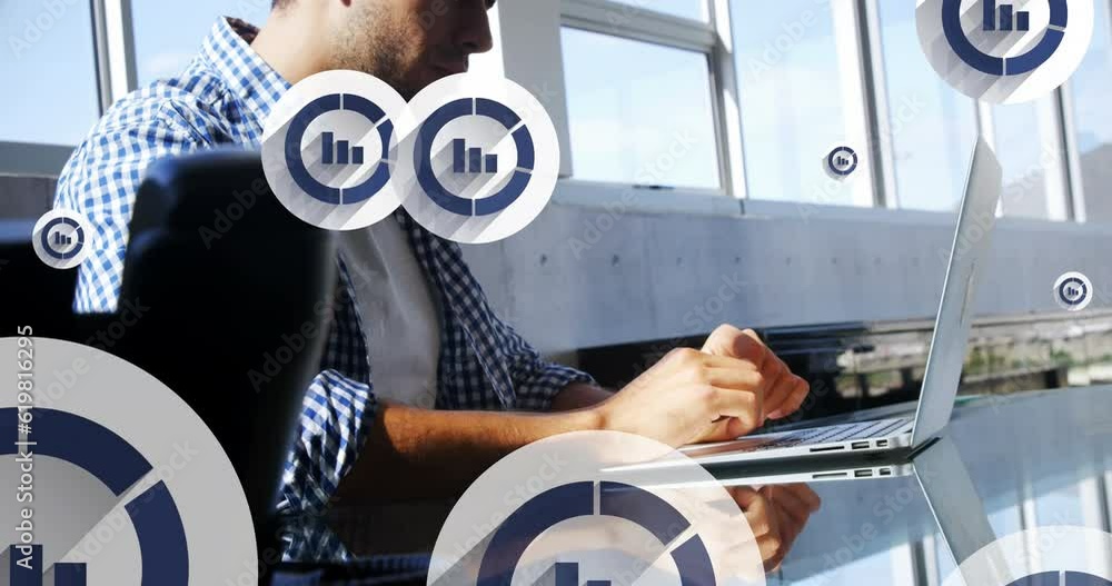 Aufkleber animation of graph icon in circles over latino man typing on keyboard of laptop in office