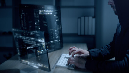Futuristic cyber hacker operating under the guise of Anonymous, employs advanced algorithms to...