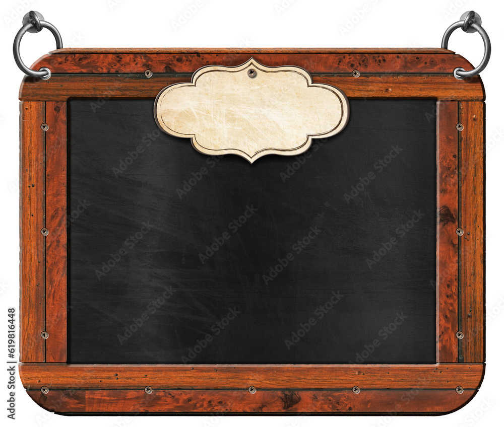 Poster old blank blackboard with wooden rectangular frame and empty label. steel rings for hanging. isolate
