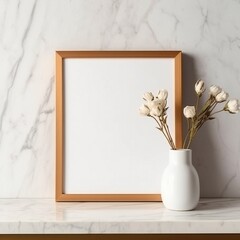 Blank white picture art frame mock up design showcase on table Generative AI 