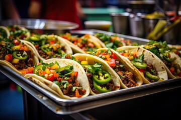 Tacos filled with flavorful meats, fresh vegetables, and vibrant toppings. Maxican food. Generative AI