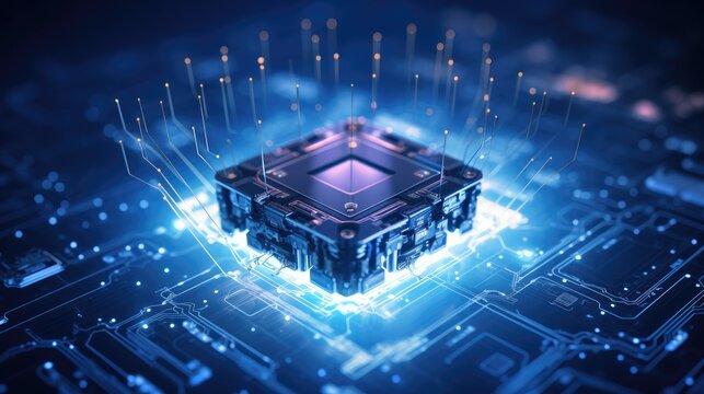 Abstract technology background of a quantum computing system with processor and electronic circuit. Artificial neurons, global data connections - Generative AI