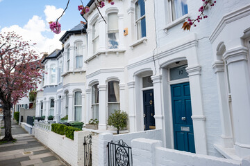 LONDON- Typical upmarket street of white terraced houses in Fulham area of south west London