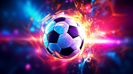 Fototapeta premium Fiery Soccer Ball In Goal In Flames, neon lines soccer ball light background. Generative AI