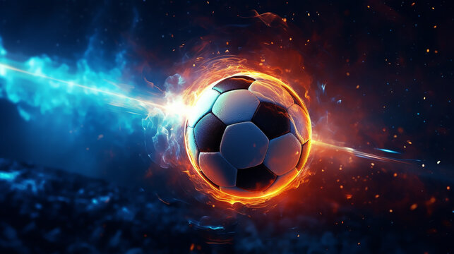Fiery Soccer Ball In Goal In Flames, neon lines soccer ball light background. Generative AI