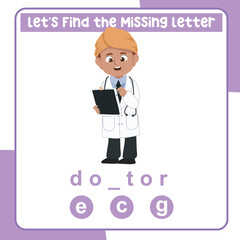 Find the missing letter doctor worksheet for kids learning professions in English. Educational alphabetic game. Printable worksheet for preschool.  Spelling and writing practise page for children. 