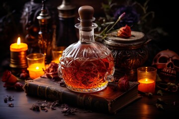 Obraz na płótnie Canvas Halloween magic red potion in a glass flask surrounded by candles. Dark bokeh background illustration Generative AI