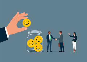 Business team handshake welcome and collect positive emoticons into Glass Jar. Flat vector illustration 